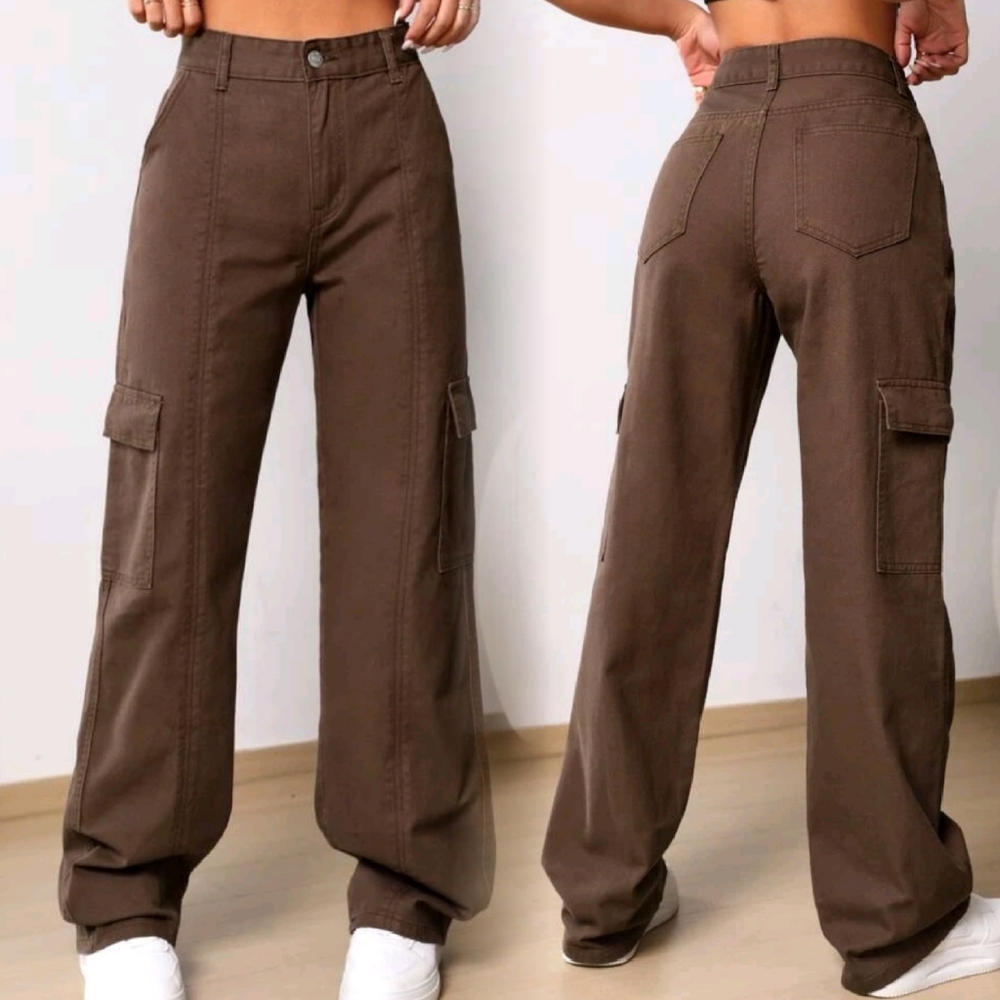 Shein High Waist Flap Pocket Denim Cargo Wide Leg Jeans Brown size 28